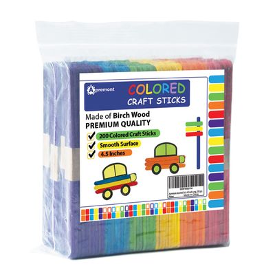 Apremont 200 pcs Colored Wooden Craft Sticks, Popsicle Stick, Arts and Crafts, Best for DIY Games Making, Building Designs or Kids Education, 4.5 inch Long (4.5 Inches, Mixed Colors)