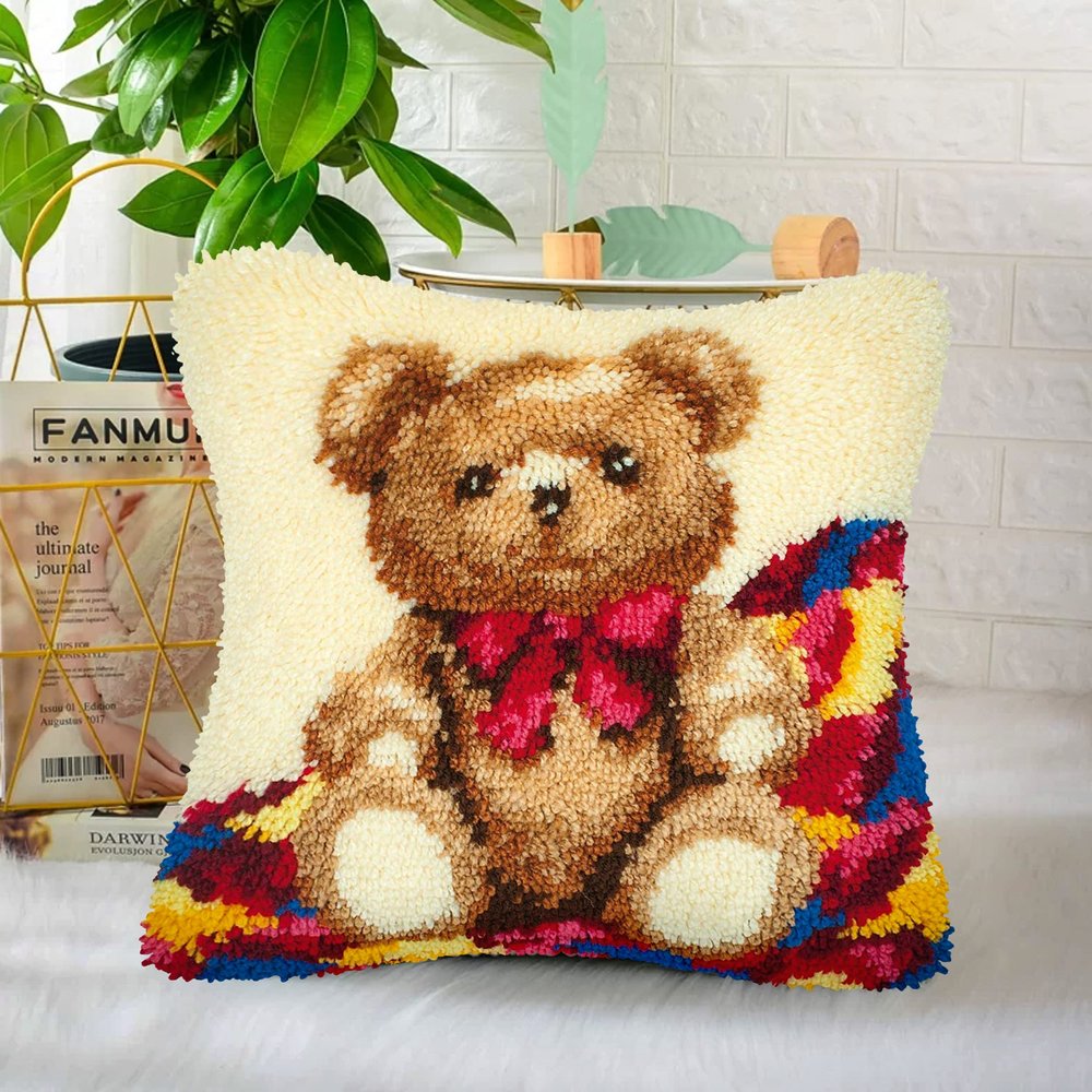 clubevy DIY Latch Hook Kits Pillow Case Sofa Cushion Cover Craft Kits Embroidery Carpet Set Needlework Pillow Cover 17x17 inch (Bear)