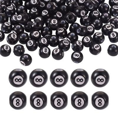 FASHEWELRY 100Pcs Acrylic Round Billiards Beads Black Chunky Bubblegum Ball Beads Round with Number 8 Beads for DIY Home Party Decor Crafts Making, Hole: 4mm