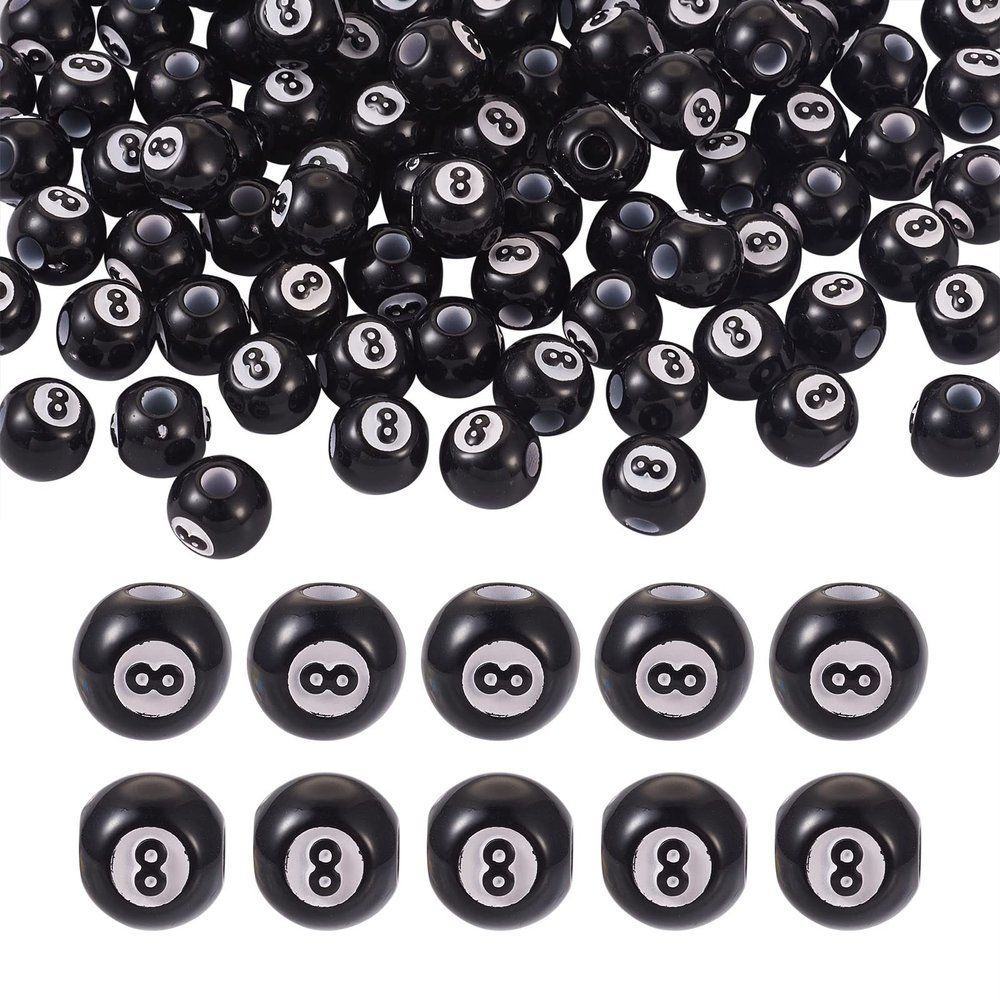 FASHEWELRY 100Pcs Acrylic Round Billiards Beads Black Chunky Bubblegum Ball Beads Round with Number 8 Beads for DIY Home Party Decor Crafts Making, Hole: 4mm