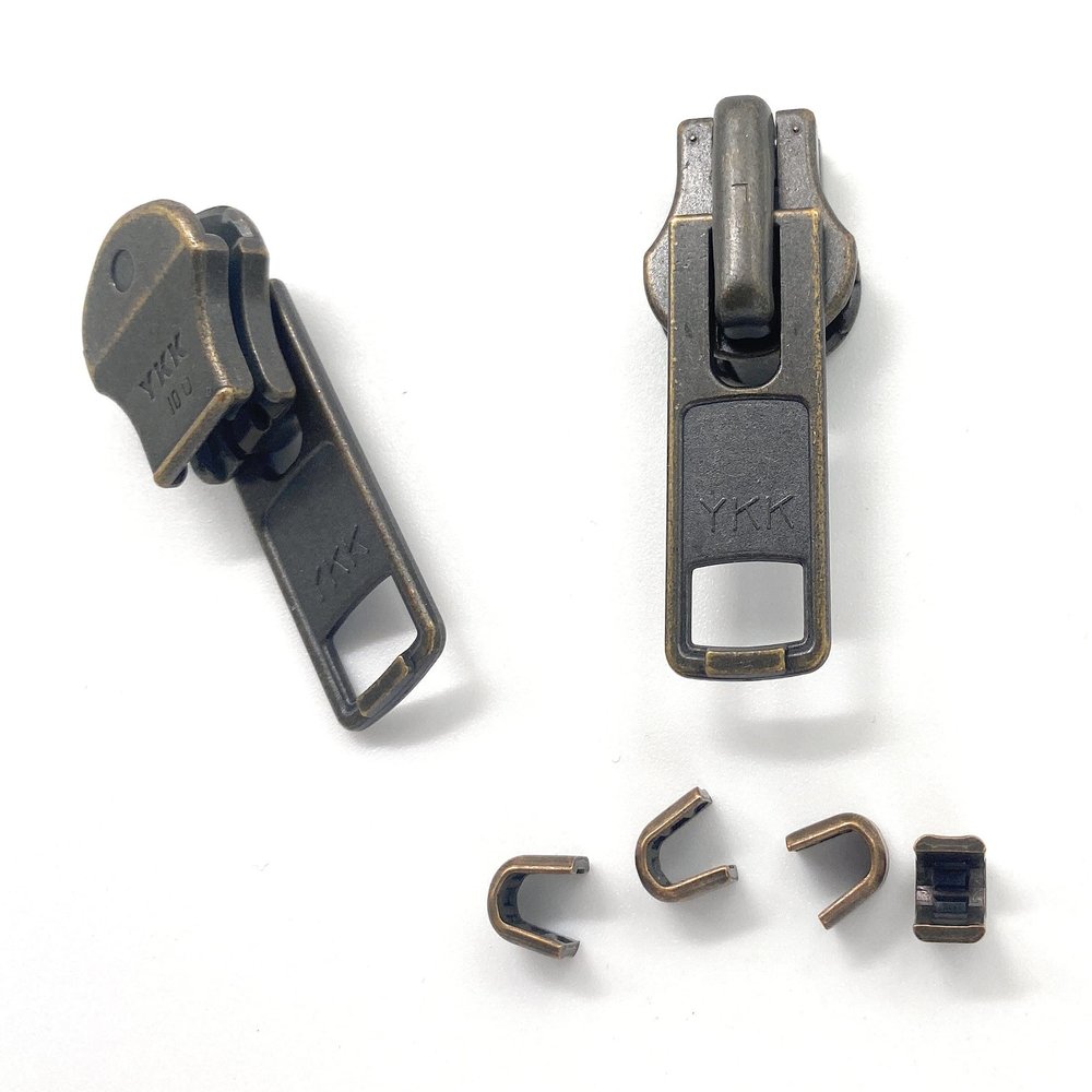 Zipper Repair Kit - #10 Heavy Duty YKK Antique Brass Jacket Zipper Sliders with Top Stops Included - Choose Your Quantity - Made in The United States (2)