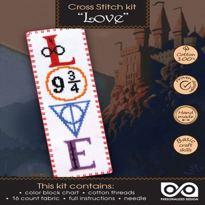 Counted Cross-Stitch Bookmark Kit 'HP Love' - DIY Set for Hand Embroidery with Pattern Design