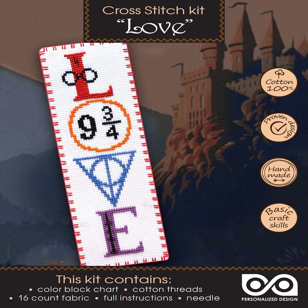 Counted Cross-Stitch Bookmark Kit 'HP Love' - DIY Set for Hand Embroidery with Pattern Design