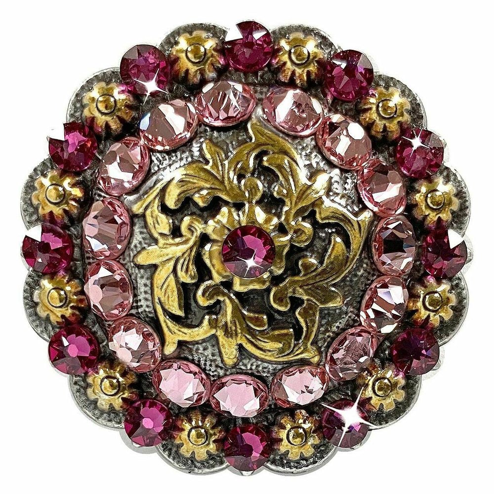 BS9188 Coloma Antique Gold Berry Rhinestone Crystal Concho (BS9188-2-ASAG, Fuchsia-Lt Rose-1-1/4")