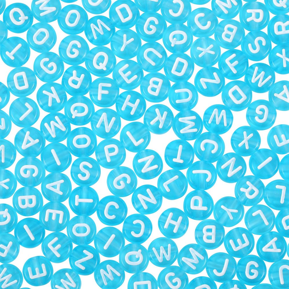 BEEFLYING 1480Pcs Transparent Acrylic Alphabet Beads Flat Round Disc Coin A-Z White Letter Beads Clear Spacer Beads Charms for DIY Friendship Boho Bracelet Souvenir Jewelry Crafts Making (Sky Blue)
