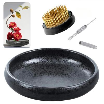Japanese Ikebana Vase Kit, Flower Shallow Container Ceramics Ikebana Vase with 1.57inch Flower Frog and Floral Frog Floristry Kenzan Needle Straightening Tool (Frosted Bowl A with Spots)