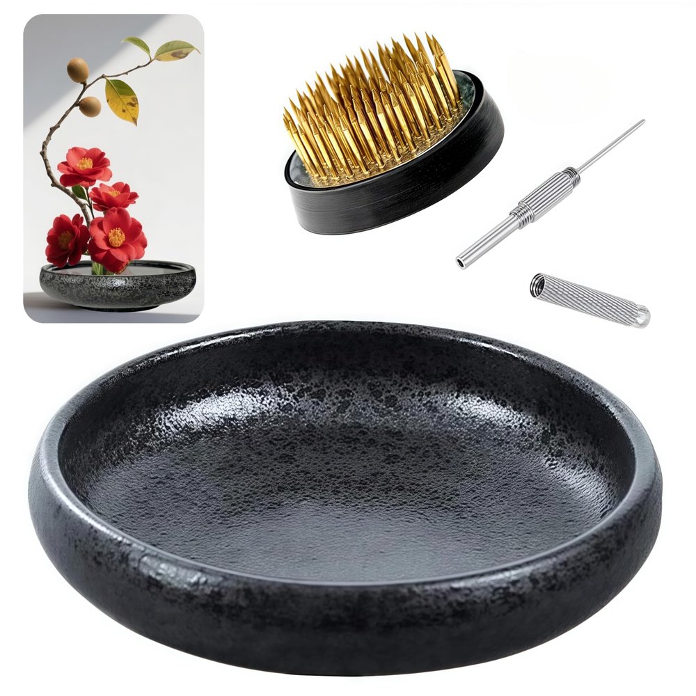 Japanese Ikebana Vase Kit, Flower Shallow Container Ceramics Ikebana Vase with 1.57inch Flower Frog and Floral Frog Floristry Kenzan Needle Straightening Tool (Frosted Bowl A with Spots)