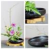 Japanese Ikebana Vase Kit, Flower Shallow Container Ceramics Ikebana Vase with 1.57inch Flower Frog and Floral Frog Floristry Kenzan Needle Straightening Tool (Frosted Bowl A with Spots) view 2