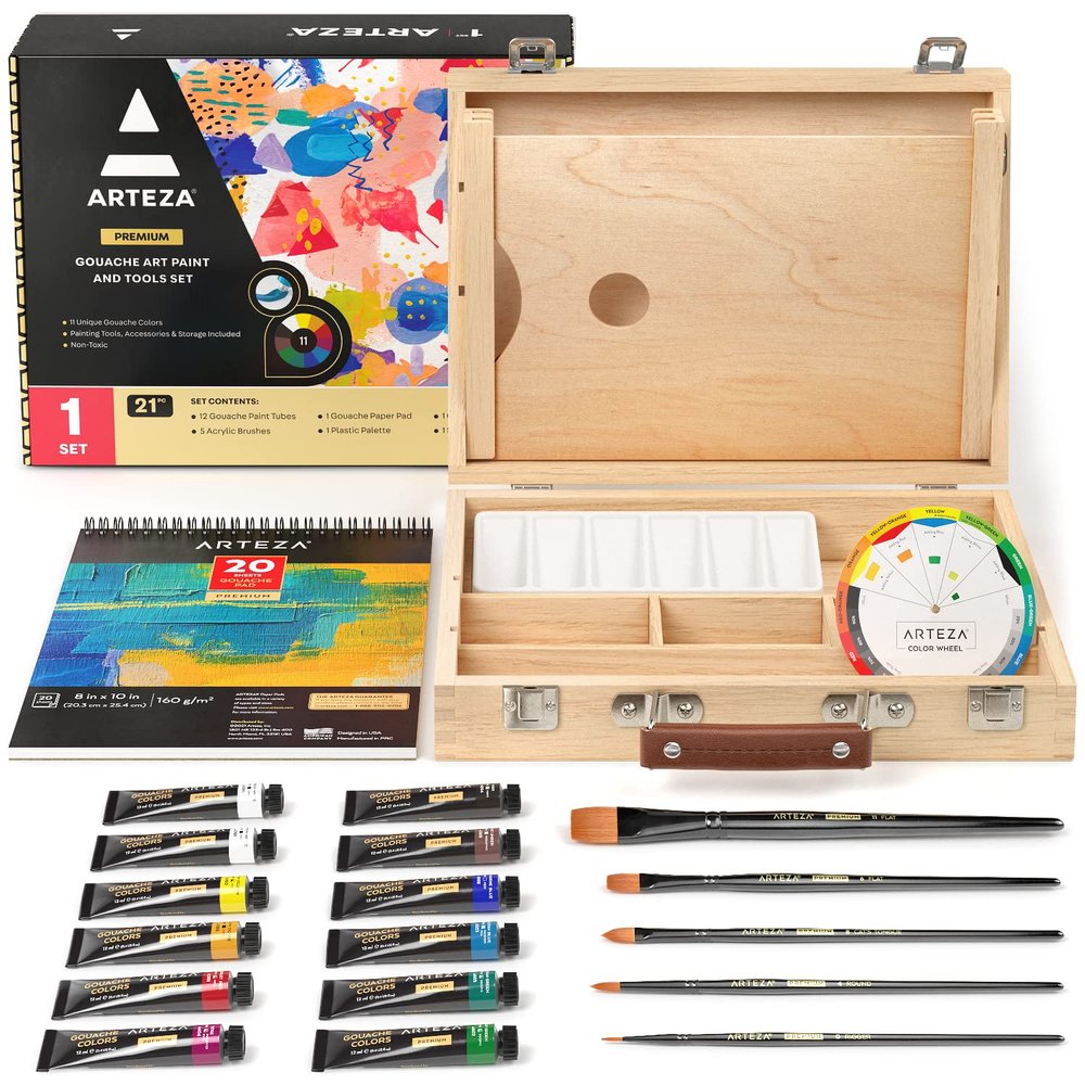 Arteza Gouache Paint Kit, 21 Pieces Art Set, 12 Gouache Art Paint Tubes, 5 Acrylic Brushes, Paper Pad, Plastic Palette, and Wooden Storage Case, Art Supplies for Professional Artists and Hobbyists