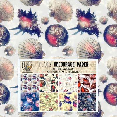 Decoupage Paper Pack (24 Sheets 6"x6") Seashells FLONZ Vintage Styled Seamless Pattern Paper for Decoupage, Craft and Scrapbooking Sea Underwater
