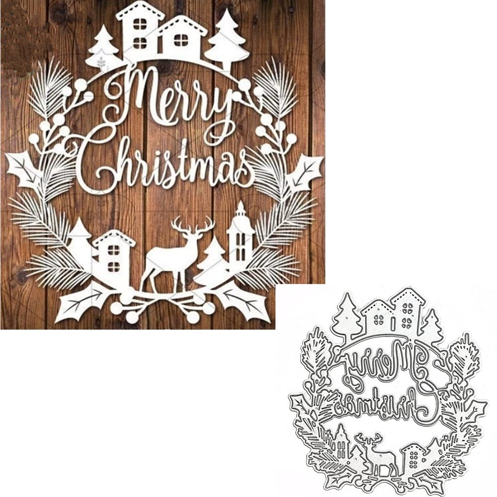 Christmas Leaves Wreath Metal Die Cuts,Merry Christmas Ornaments Deer House Tree Cutting Dies Cut Stencils for DIY Scrapbooking Photo Decorative Embossing Paper Dies for Scrapbooking Card Making