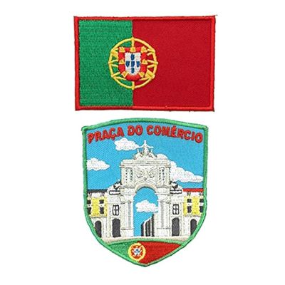 A-ONE 2 PCS Pack- Praa do Comrcio Shield Embroidery+Portugal Flag Applique, Lisbon Square Patch, Country Patch, DIY Embroidery, Sew-on/Iron-on Badge for Jeans Jackets Clothes Backpack NO.351C