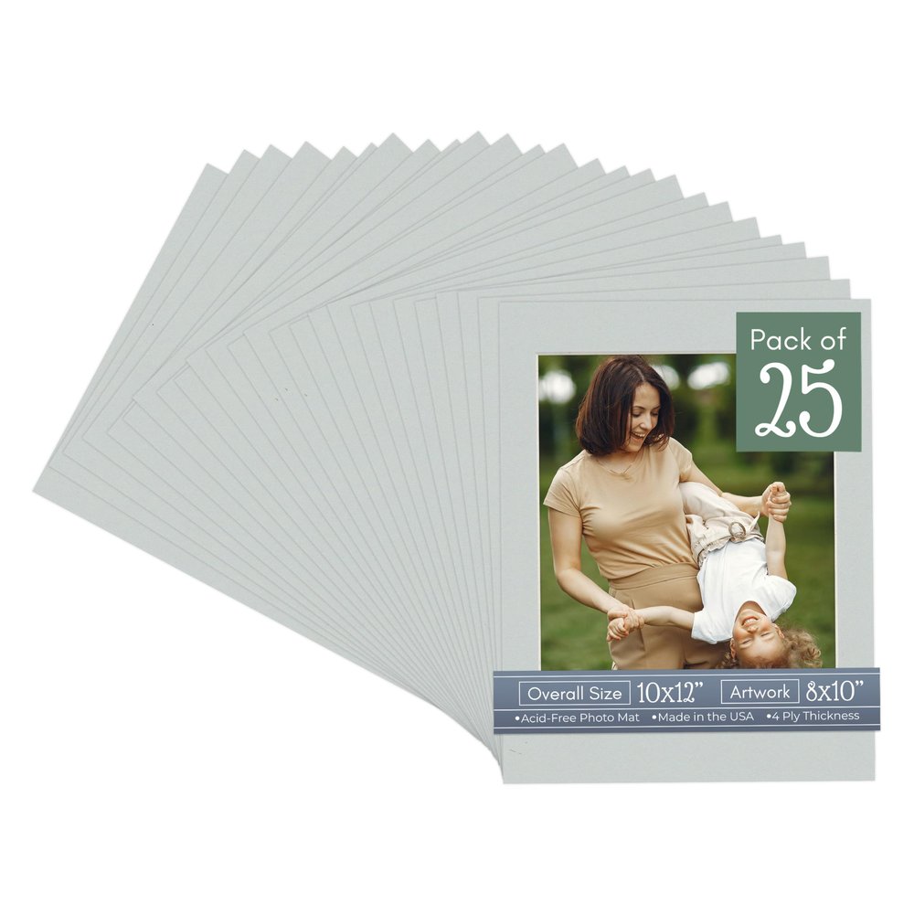 Grey Acid Free 10x12 Picture Frame Mats with White Core Bevel Cut for 8x10 Pictures - Fits 10x12 Frame - Pack of 25 Mats