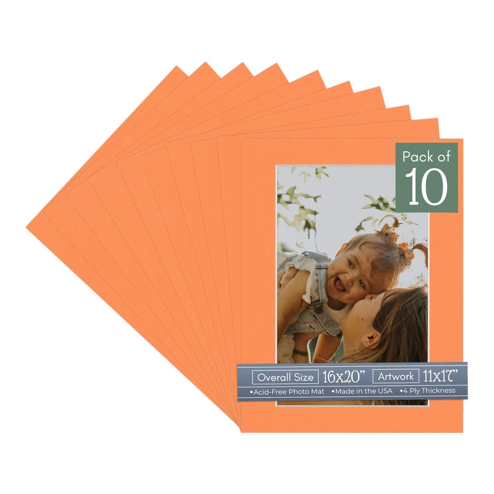 CountryArtHouse Orange Acid Free 16x20 Picture Frame Mats with White Core Bevel Cut for 11x17 Pictures - Fits 16x20 Frame - Pack of 10 Mats - with Bags & Backings