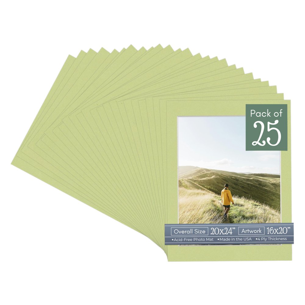 CountryArtHouse Pistachio Acid Free 20x24 Picture Frame Mats with White Core Bevel Cut for 16x20 Pictures - Fits 20x24 Frame - Pack of 25 Mats - with Bags & Backings