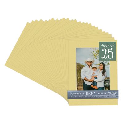 CountryArtHouse Soft Yellow Acid Free 18x24 Picture Frame Mats with White Core Bevel Cut for 13x19 Pictures - Fits 18x24 Frame - Pack of 25 Mats - with Bags & Backings