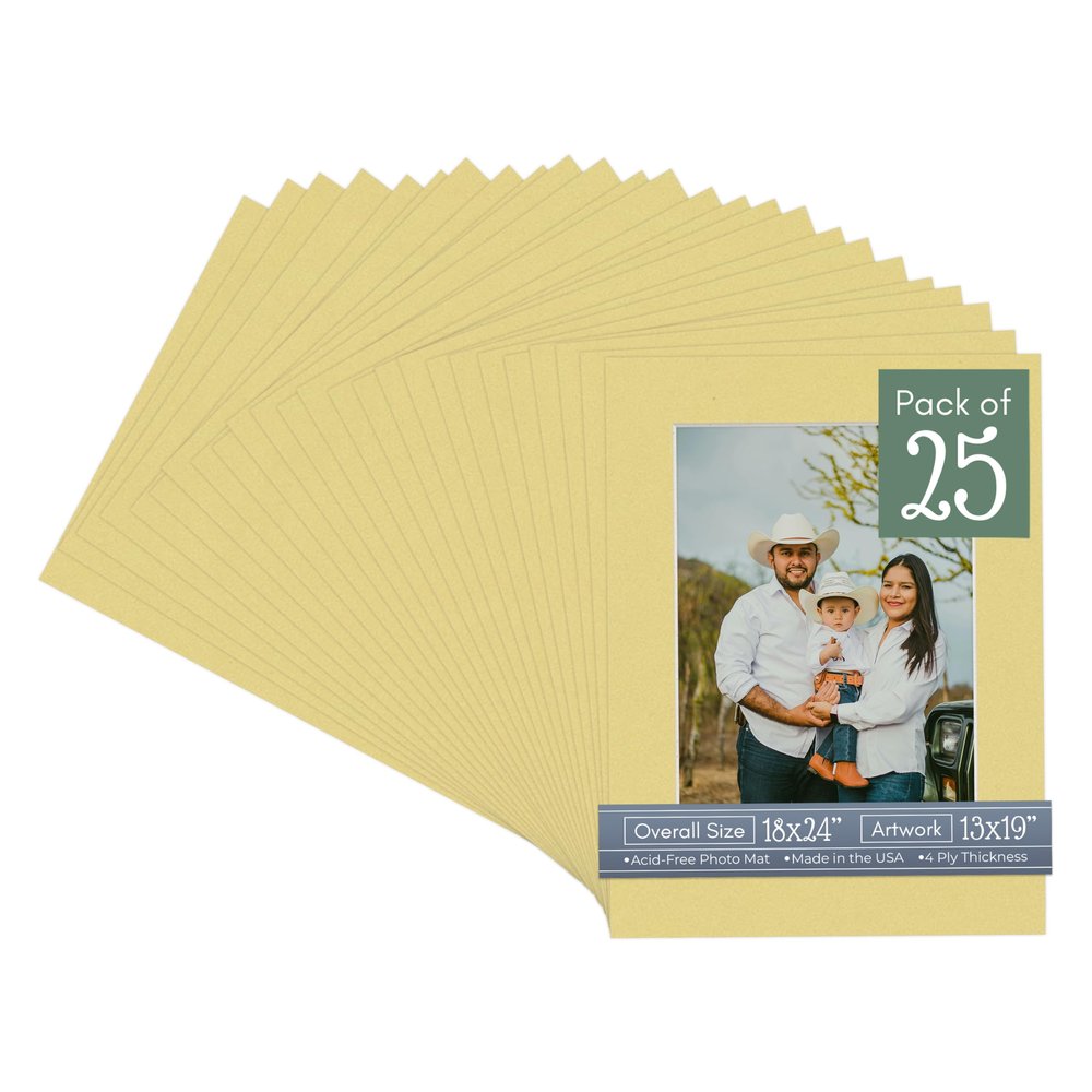 CountryArtHouse Soft Yellow Acid Free 18x24 Picture Frame Mats with White Core Bevel Cut for 13x19 Pictures - Fits 18x24 Frame - Pack of 25 Mats - with Bags & Backings