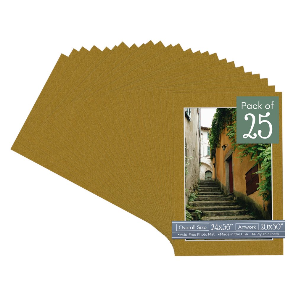 CountryArtHouse Metallic Gold Acid Free 24x36 Picture Frame Mats with White Core Bevel Cut for 20x30 Pictures - Fits 24x36 Frame - Pack of 25 Mats - With Bags & Backings