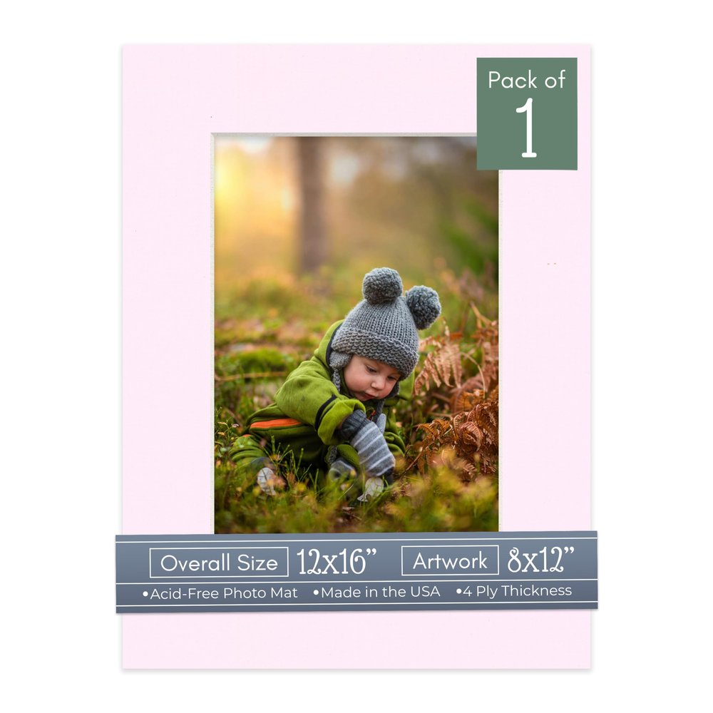 CountryArtHouse Soft Pink Acid Free 12x16 Picture Frame Mats with White Core Bevel Cut for 8x12 Pictures - Fits 12x16 Frame - One Mat - with Bag & Backing