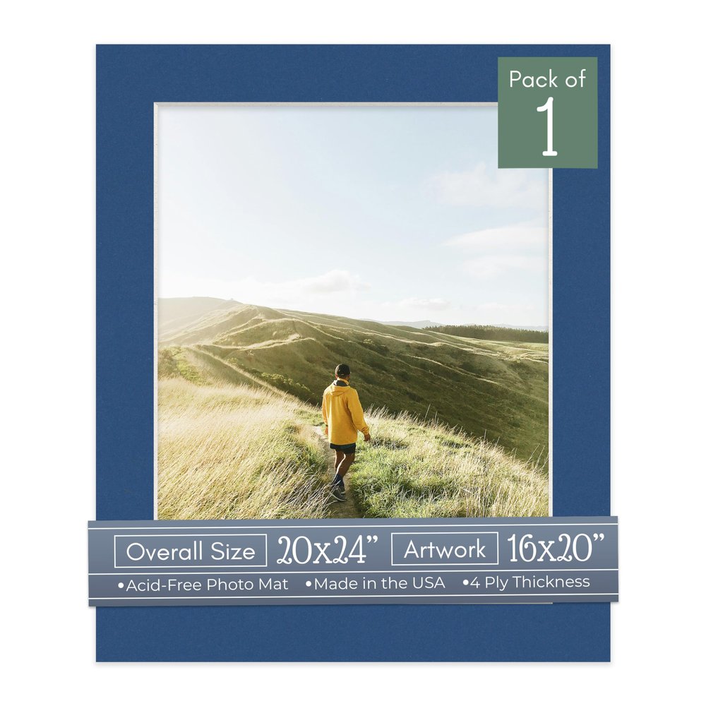 CountryArtHouse Bottle Blue Acid Free 20x24 Picture Frame Mats with White Core Bevel Cut for 16x20 Pictures - Fits 20x24 Frame - One Mat - With Bag & Backing
