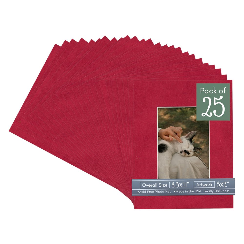 CountryArtHouse Blaze Suede Acid Free 8.5x11 Picture Frame Mats with White Core Bevel Cut for 5x7 Pictures - Fits 8.5x11 Frame - Pack of 25 Mats
