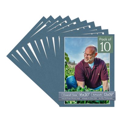 Steel Blue Acid Free 16x20 Picture Frame Mats with White Core Bevel Cut for 13x19 Pictures - Fits 16x20 Frame - Pack of 10 Mats