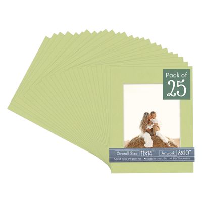 CountryArtHouse Pistachio Acid Free 11x14 Picture Frame Mats with White Core Bevel Cut for 8x10 Pictures - Fits 11x14 Frame - Pack of 25 Mats - with Bags & Backings