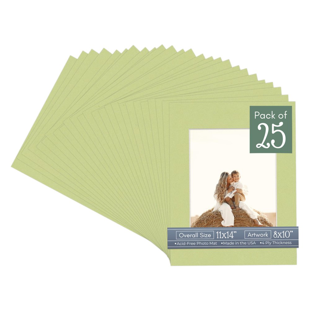 CountryArtHouse Pistachio Acid Free 11x14 Picture Frame Mats with White Core Bevel Cut for 8x10 Pictures - Fits 11x14 Frame - Pack of 25 Mats - with Bags & Backings