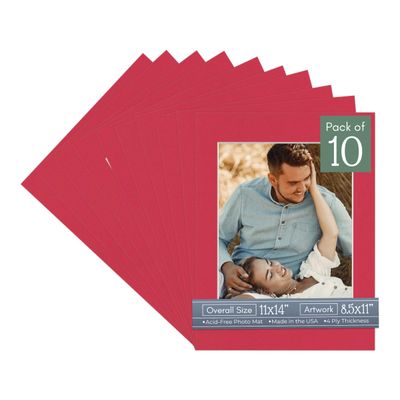 CountryArtHouse Deep Red Acid Free 11x14 Picture Frame Mats with White Core Bevel Cut for 8.5x11 Pictures - Fits 11x14 Frame - Pack of 10 Mats - with Bags & Backings