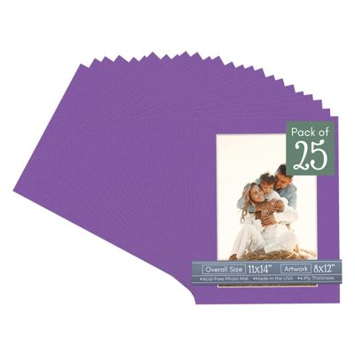 CountryArtHouse Purple Acid Free 11x14 Picture Frame Mats with White Core Bevel Cut for 8x12 Pictures - Fits 11x14 Frame - Pack of 25 Mats - with Bags & Backings