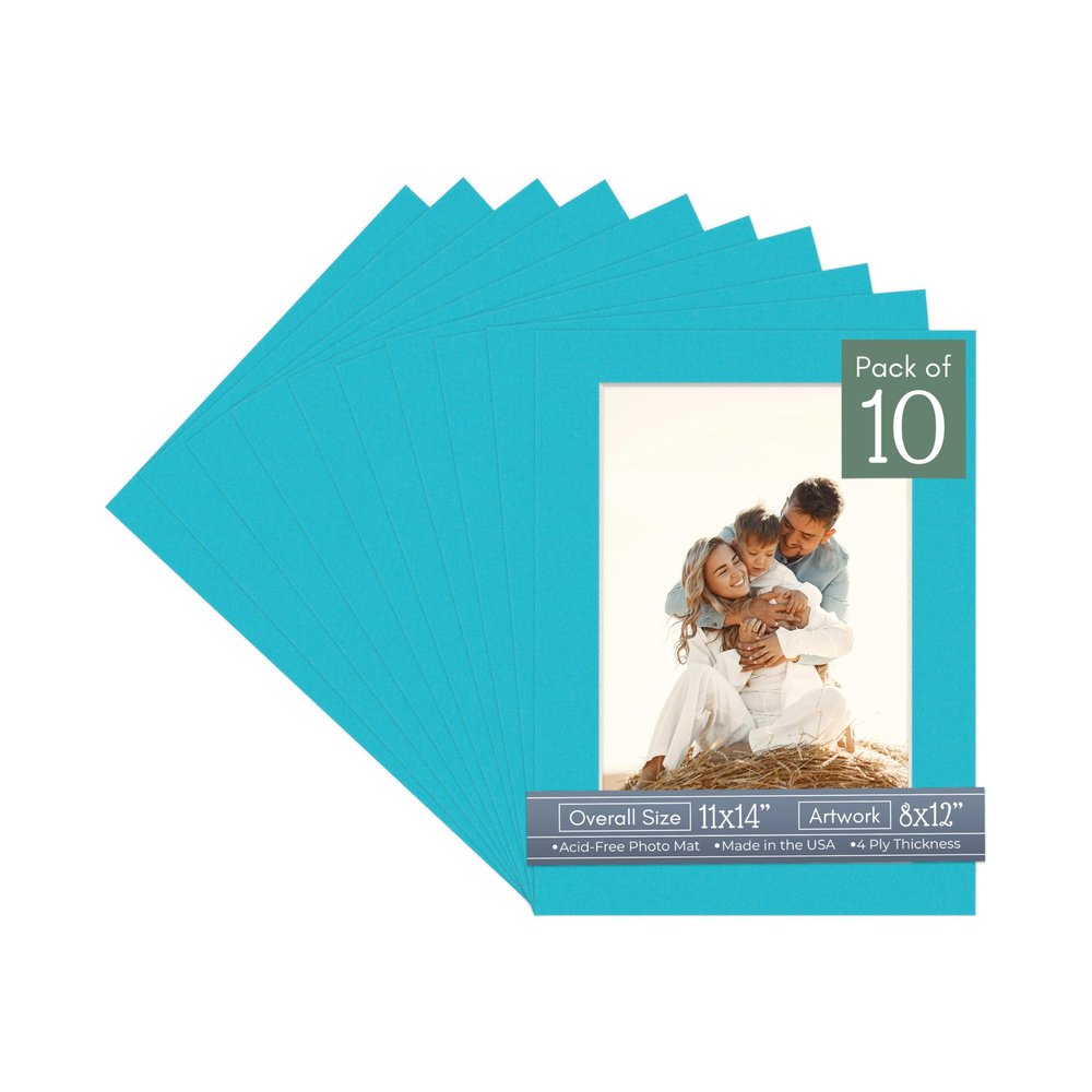 CountryArtHouse Aquamarine Acid Free 11x14 Picture Frame Mats with White Core Bevel Cut for 8x12 Pictures - Fits 11x14 Frame - Pack of 10 Mats