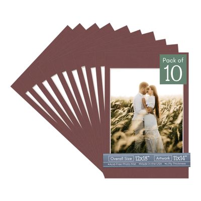 CountryArtHouse Maroon Acid Free 12x18 Picture Frame Mats with White Core Bevel Cut for 11x14 Pictures - Fits 12x18 Frame - Pack of 10 Mats - with Bags & Backings