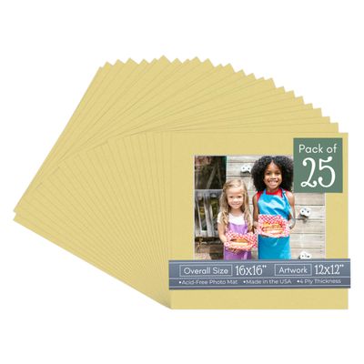 CountryArtHouse Soft Yellow Acid Free 16x16 Picture Frame Mats with White Core Bevel Cut for 12x12 Pictures - Fits 16x16 Frame - Pack of 25 Mats - with Bags & Backings