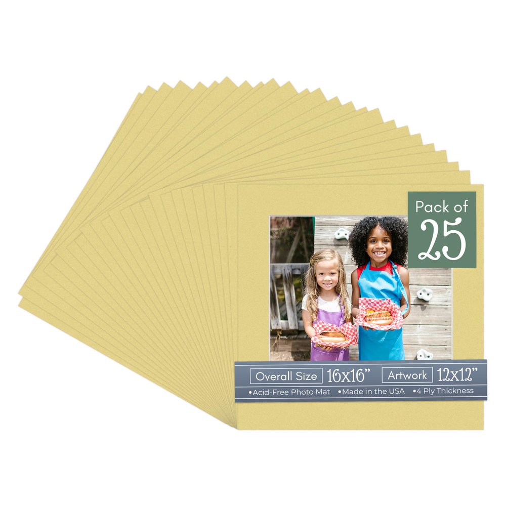 CountryArtHouse Soft Yellow Acid Free 16x16 Picture Frame Mats with White Core Bevel Cut for 12x12 Pictures - Fits 16x16 Frame - Pack of 25 Mats - with Bags & Backings