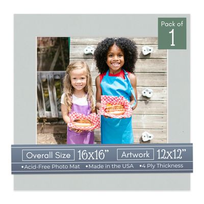 CountryArtHouse Grey Acid Free 16x16 Picture Frame Mats with White Core Bevel Cut for 12x12 Pictures - Fits 16x16 Frame - One Mat - With Bag & Backing
