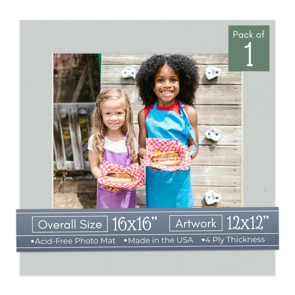 CountryArtHouse Grey Acid Free 16x16 Picture Frame Mats with White Core Bevel Cut for 12x12 Pictures - Fits 16x16 Frame - One Mat - With Bag & Backing