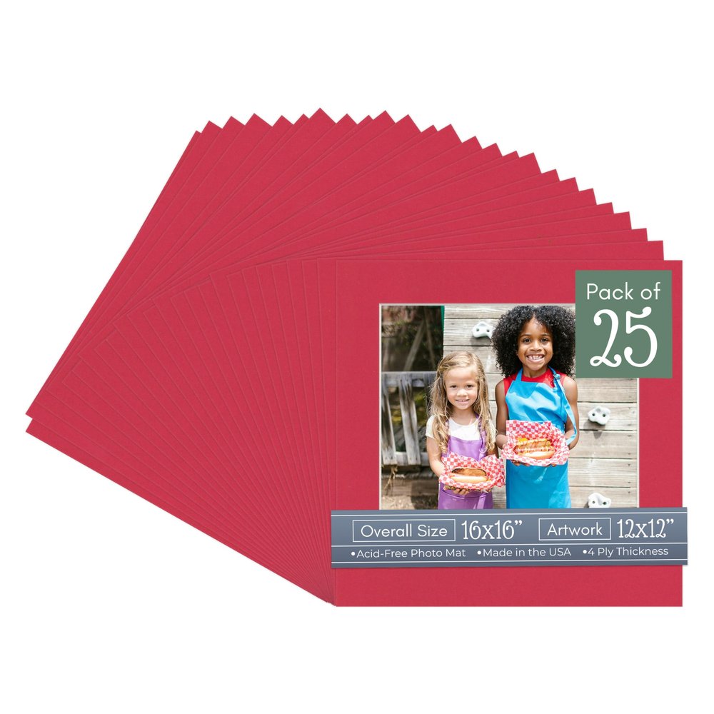CountryArtHouse Deep Red Acid Free 16x16 Picture Frame Mats with White Core Bevel Cut for 12x12 Pictures - Fits 16x16 Frame - Pack of 25 Mats - with Bags & Backings