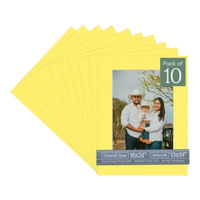 CountryArtHouse Vibrant Yellow Acid Free 18x24 Picture Frame Mats with White Core Bevel Cut for 13x19 Pictures - Fits 18x24 Frame - Pack of 10 Mats - with Bags & Backings