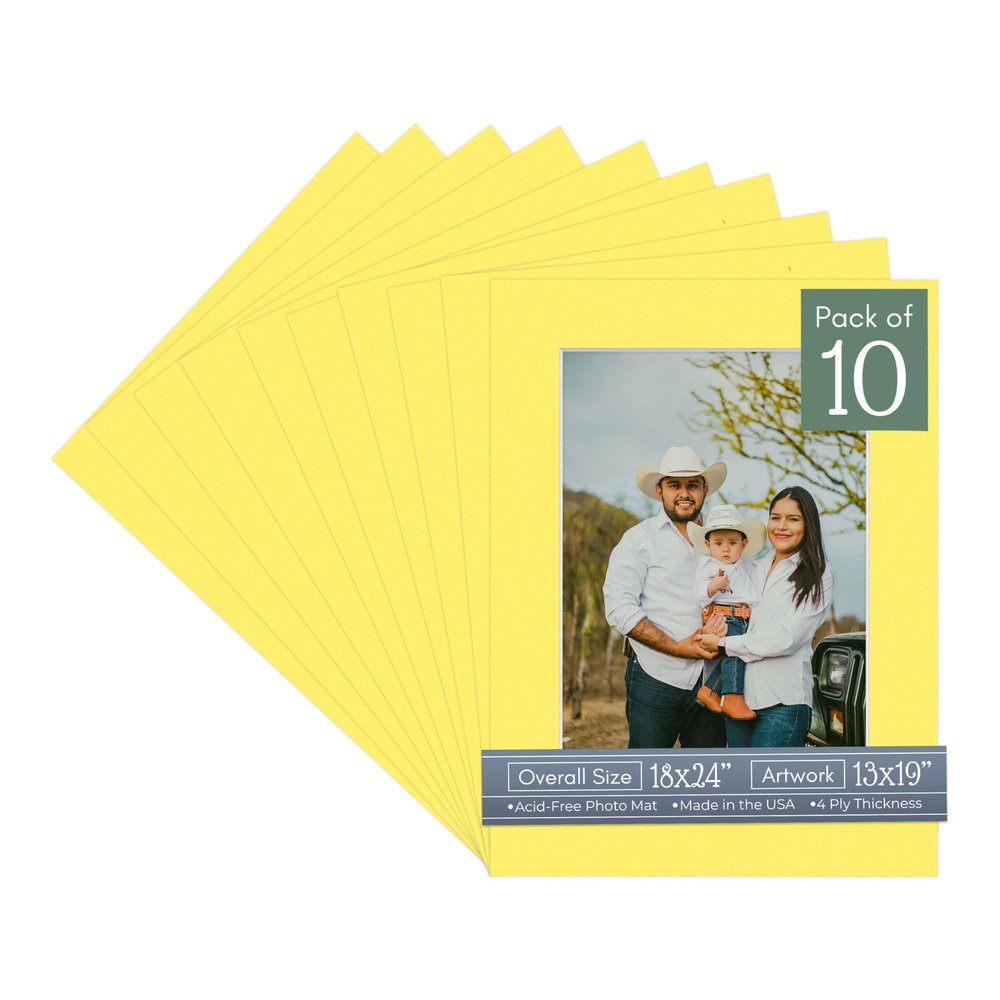 CountryArtHouse Vibrant Yellow Acid Free 18x24 Picture Frame Mats with White Core Bevel Cut for 13x19 Pictures - Fits 18x24 Frame - Pack of 10 Mats - with Bags & Backings