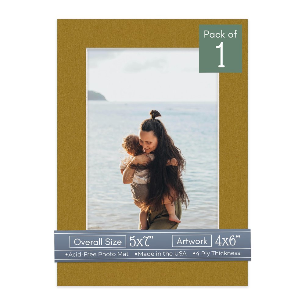 CountryArtHouse Metallic Gold Acid Free 5x7 Picture Frame Mats with White Core Bevel Cut for 4x6 Pictures - Fits 5x7 Frame - One Mat