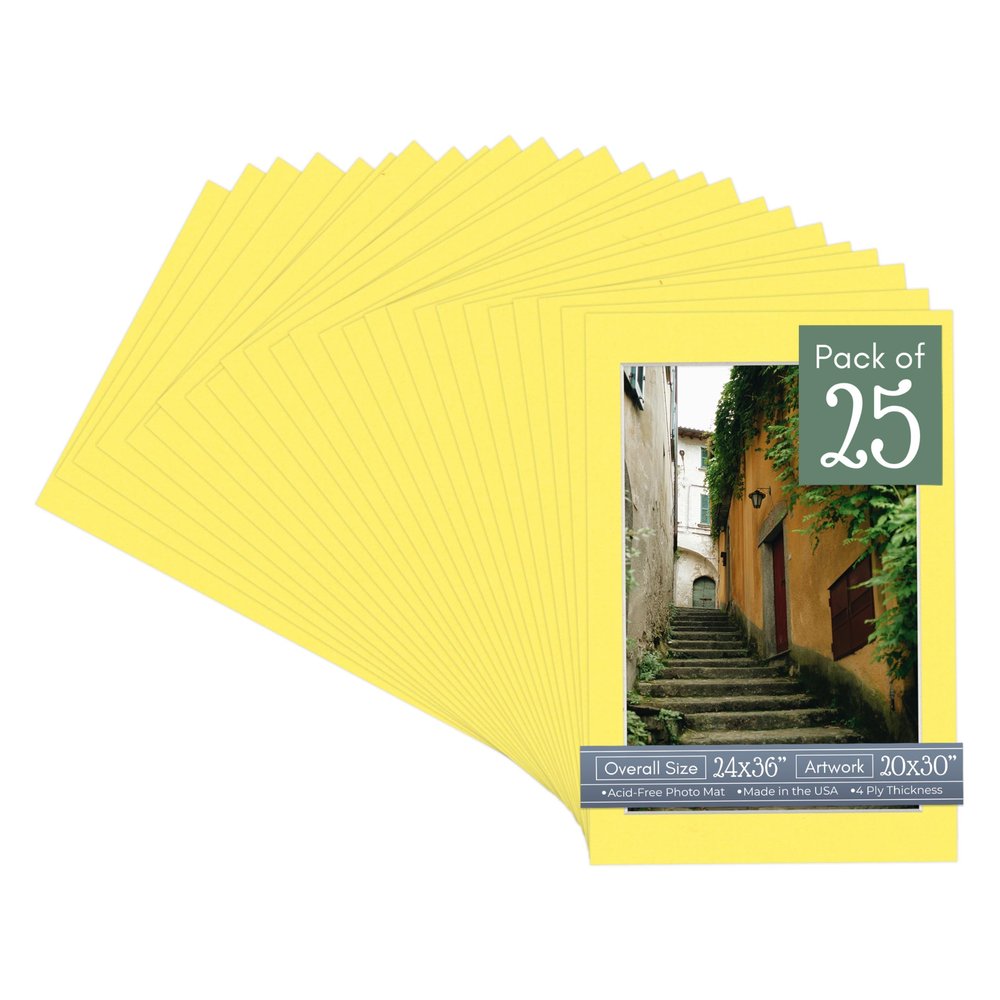 CountryArtHouse Vibrant Yellow Acid Free 24x36 Picture Frame Mats with White Core Bevel Cut for 20x30 Pictures - Fits 24x36 Frame - Pack of 25 Mats - With Bags & Backings
