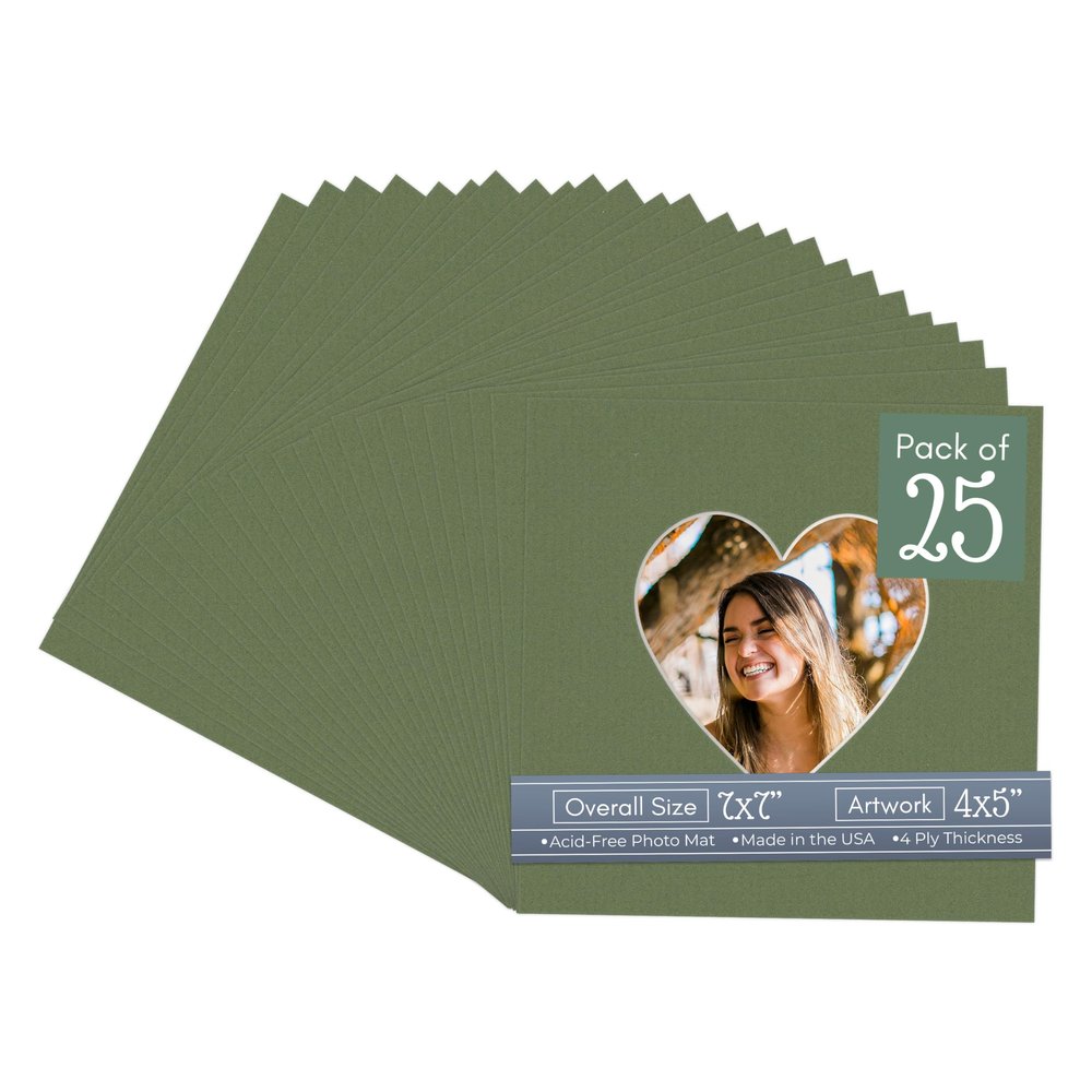 CountryArtHouse Dill Acid Free 7x7 Heart Picture Frame Mat with White Core Bevel Cut for 4x5 Pictures - Fits 7x7 Frame