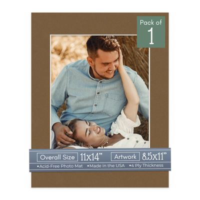 CountryArtHouse Aged Oak Acid Free 11x14 Picture Frame Mats with White Core Bevel Cut for 8.5x11 Pictures - Fits 11x14 Frame - One Mat - With Bag & Backing