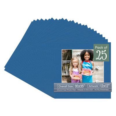 CountryArtHouse Royal Blue Acid Free 16x16 Picture Frame Mats with White Core Bevel Cut for 12x12 Pictures - Fits 16x16 Frame - Pack of 25 Mats - with Bags & Backings
