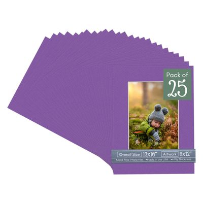 CountryArtHouse Purple Acid Free 12x16 Picture Frame Mats with White Core Bevel Cut for 8x12 Pictures - Fits 12x16 Frame - Pack of 25 Mats - with Bags & Backings