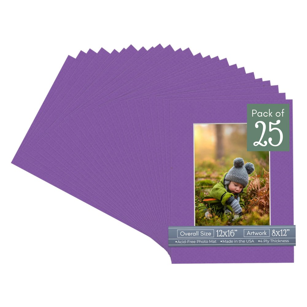 CountryArtHouse Purple Acid Free 12x16 Picture Frame Mats with White Core Bevel Cut for 8x12 Pictures - Fits 12x16 Frame - Pack of 25 Mats - with Bags & Backings