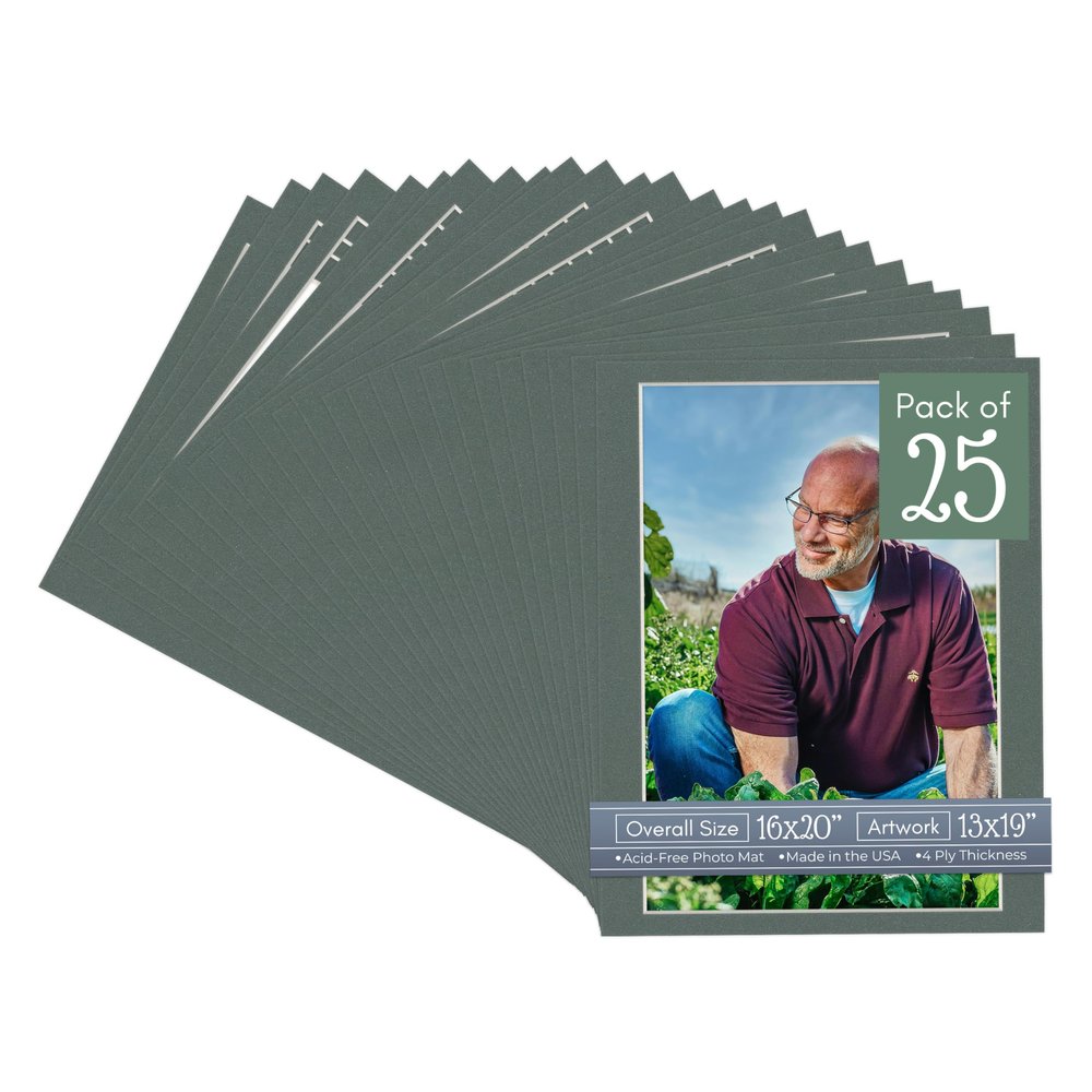 Charcoal Acid Free 16x20 Picture Frame Mats with White Core Bevel Cut for 13x19 Pictures - Fits 16x20 Frame - Pack of 25 Mats - with Bags & Backings