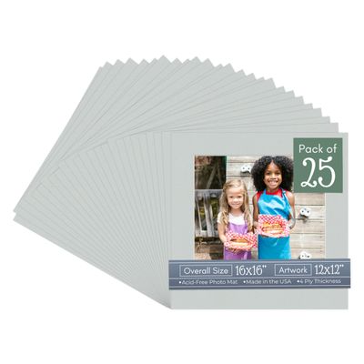Grey Acid Free 16x16 Picture Frame Mats with White Core Bevel Cut for 12x12 Pictures - Fits 16x16 Frame - Pack of 25 Mats