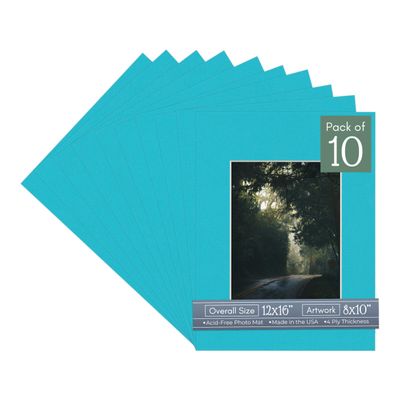 Aquamarine Acid Free 12x16 Picture Frame Mats with White Core Bevel Cut for 8x10 Pictures - Fits 12x16 Frame - Pack of 10 Mats - with Bags & Backings