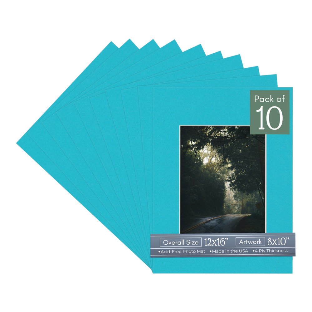 Aquamarine Acid Free 12x16 Picture Frame Mats with White Core Bevel Cut for 8x10 Pictures - Fits 12x16 Frame - Pack of 10 Mats - with Bags & Backings